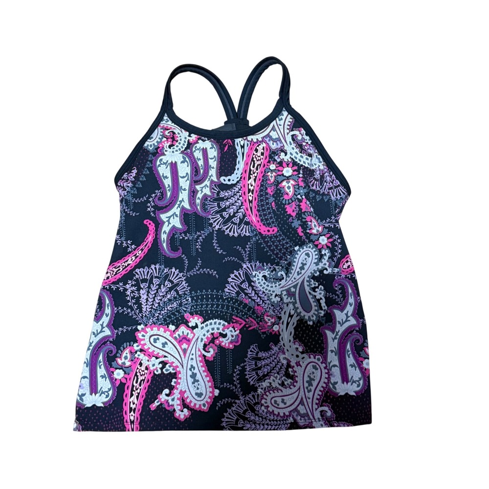 Athleta Womens Paisley Knotted Racerback Tankini Swim Top Navy Pink